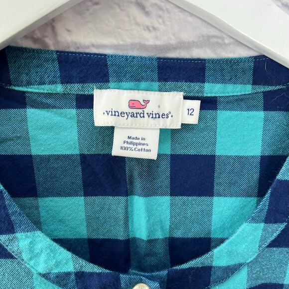 Vineyard Vines Blue Plaid Button Down Flannel Shirt Size 12 Peplum Hem Roll Tab - Picture 4 of 7